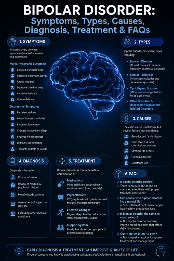 Bipolar Disorder: Symptoms, Types, Causes, Diagnosis, Treatment & FAQs